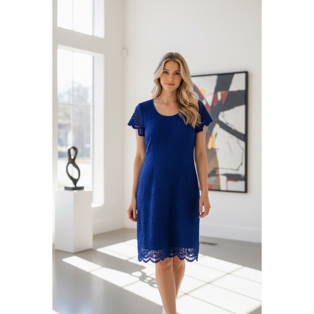 Ronni Nicole Womens Blue Lace Sheath Dress Short Sleeve Scallop Hem Size 12